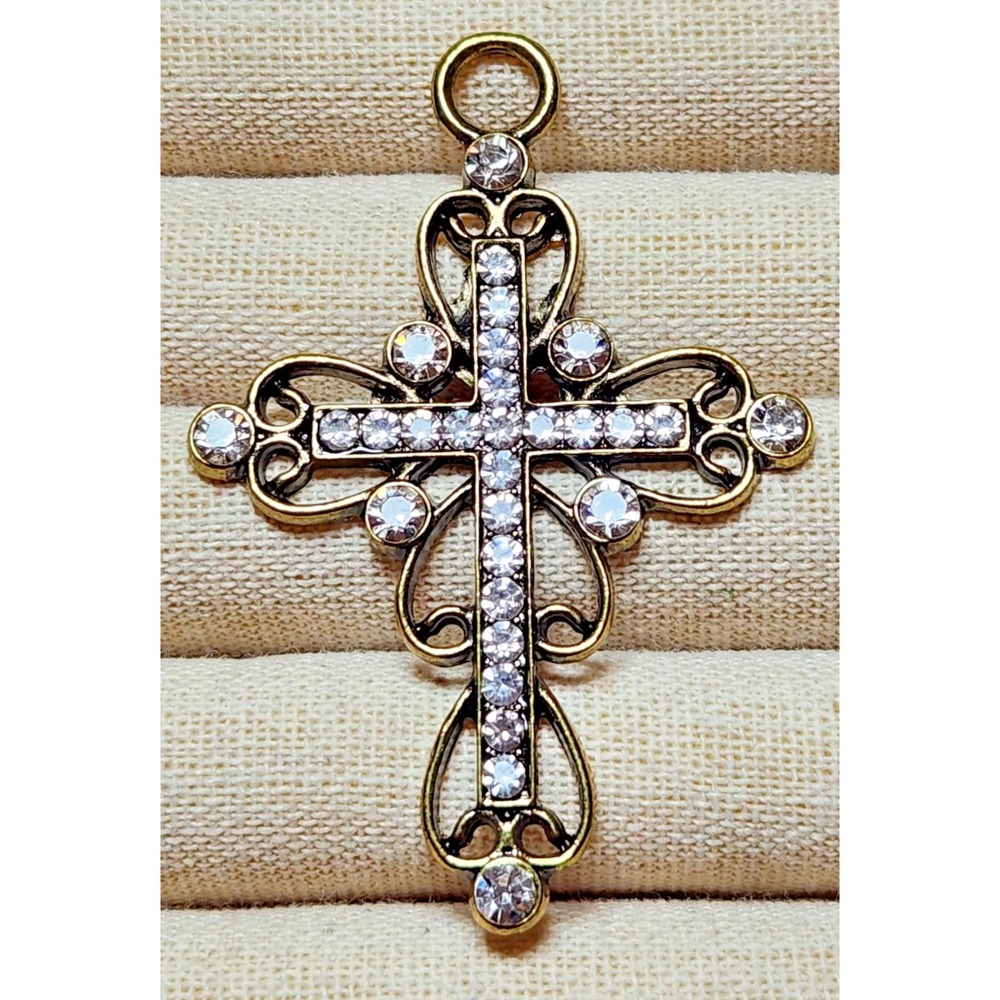 Vintage Brass Styled Celtic Cross Pendant w/ Clear Rhinestones